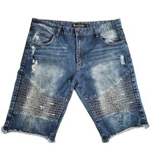 Southpole Men's‎ Denim Moto Jorts Distressed Medium Wash size 38 Y2K Streetwear